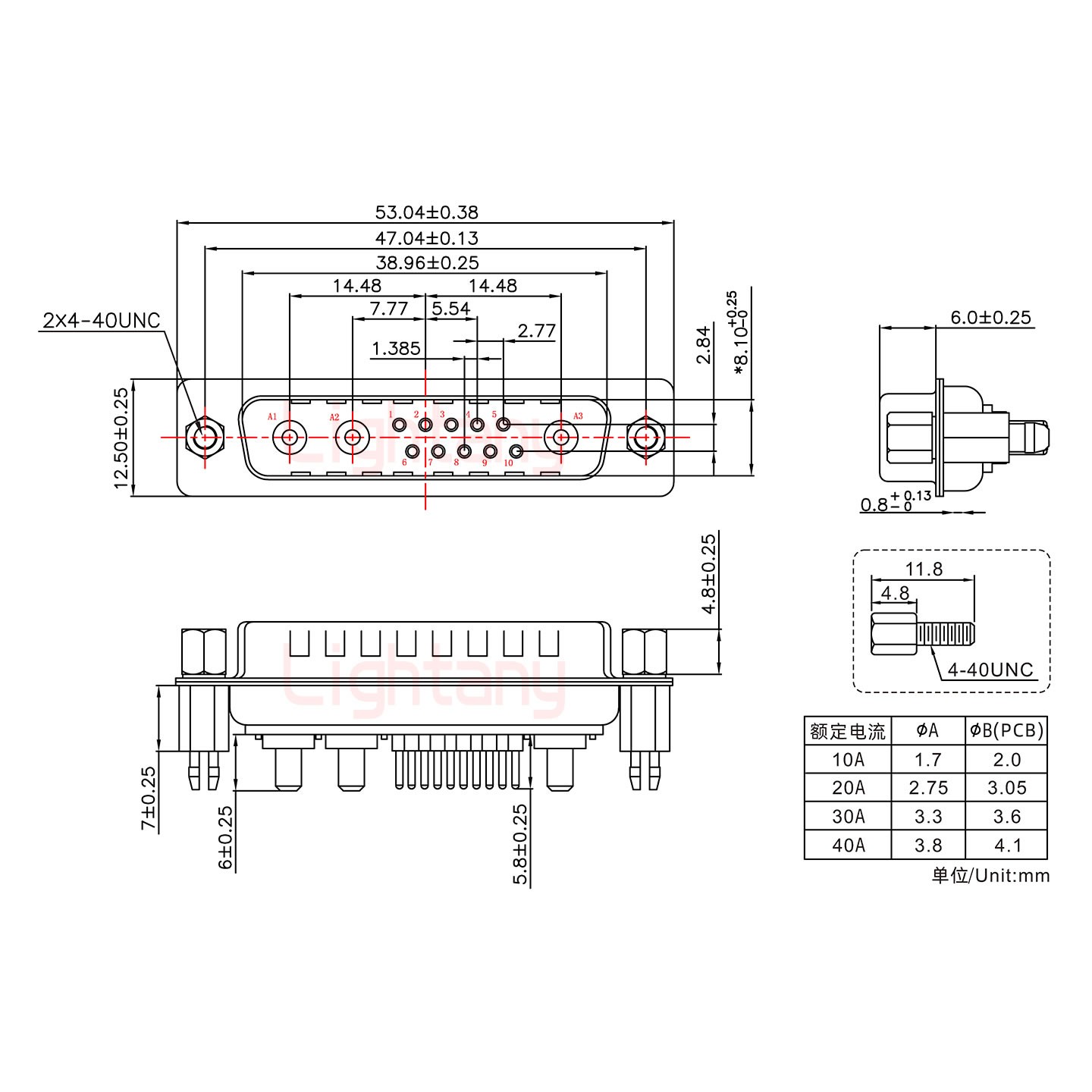 13W3公PCB直插板/鉚魚叉7.0/大電流30A