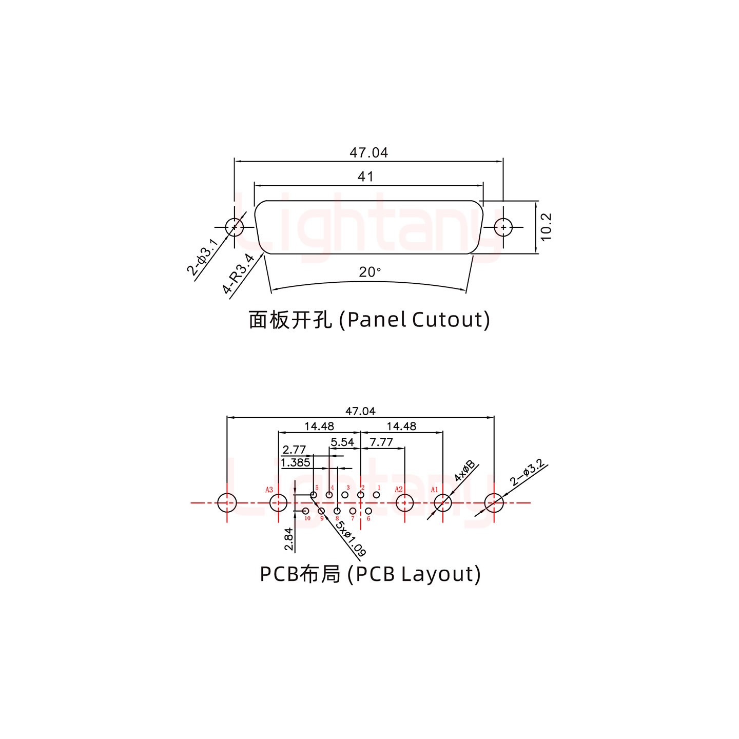 13W3母PCB直插板/鉚魚叉7.0/大電流30A