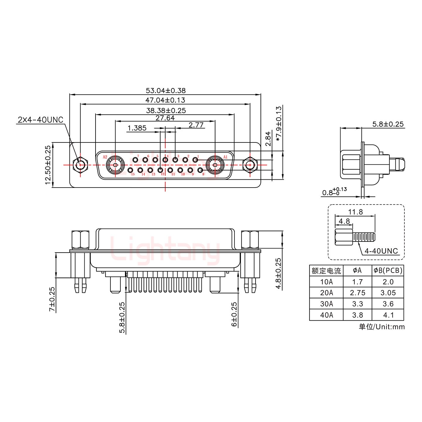 17W2母PCB直插板/鉚魚叉7.0/大電流30A