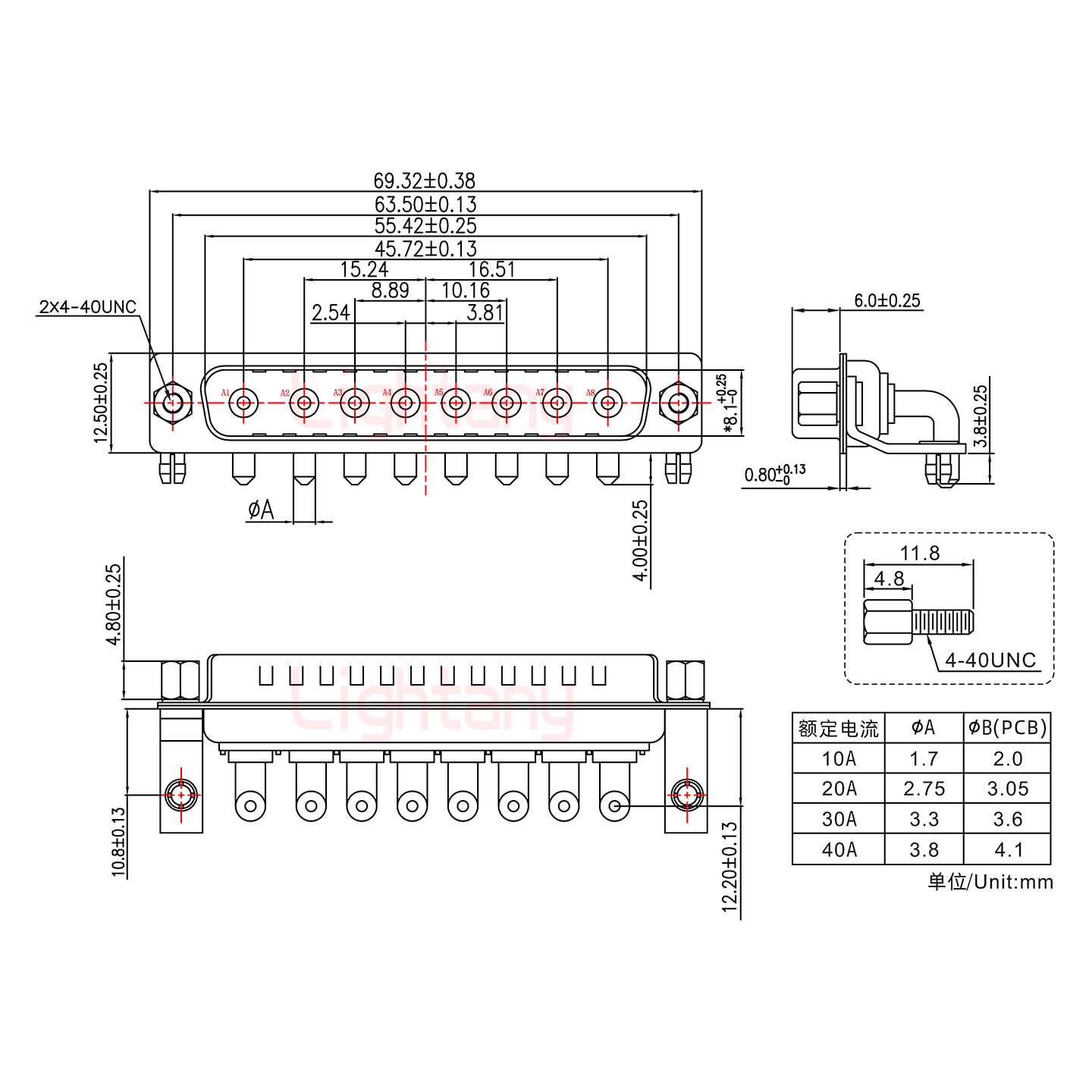 8W8公PCB彎插板/鉚支架10.8/大電流40A