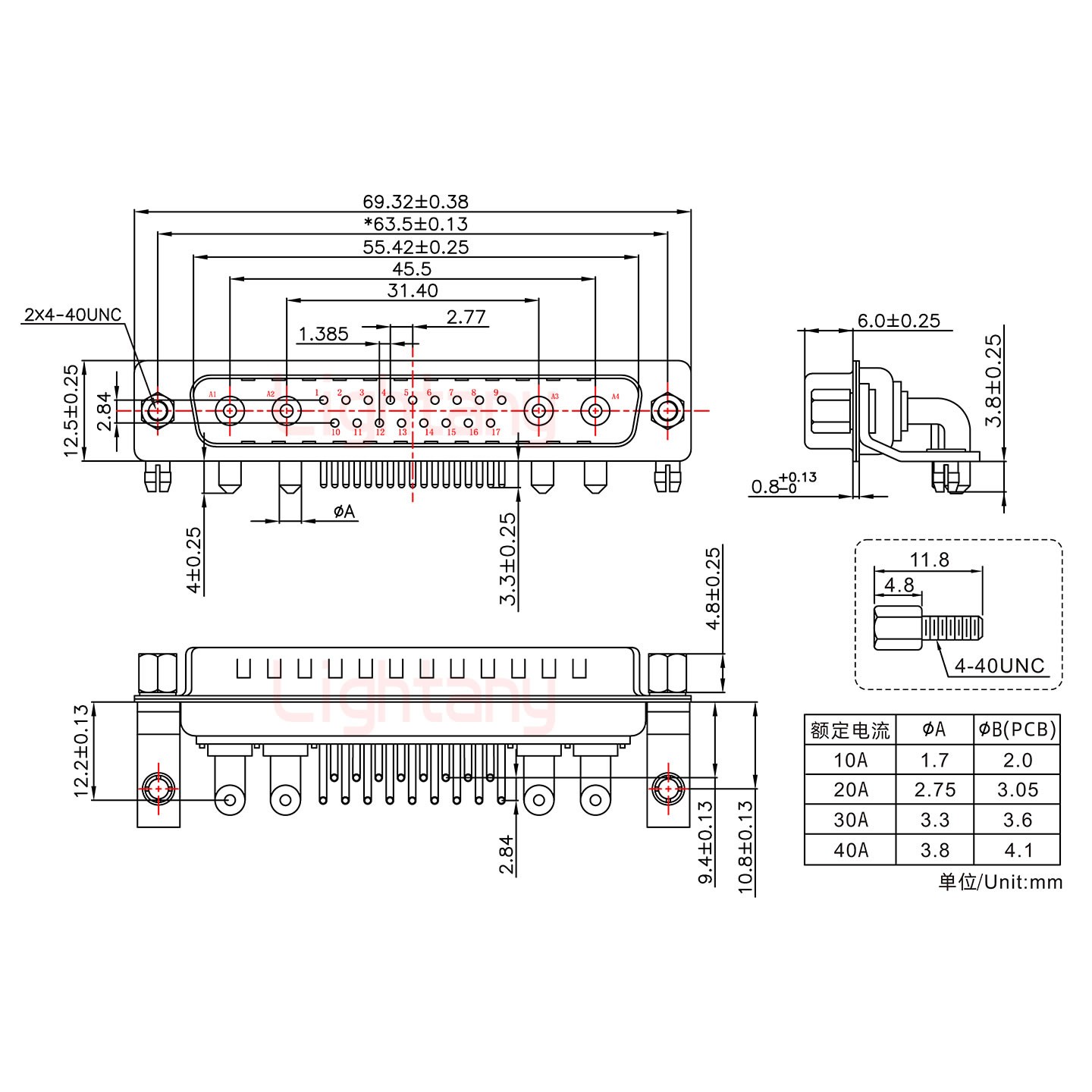 21W4公PCB彎插板/鉚支架10.8/大電流30A