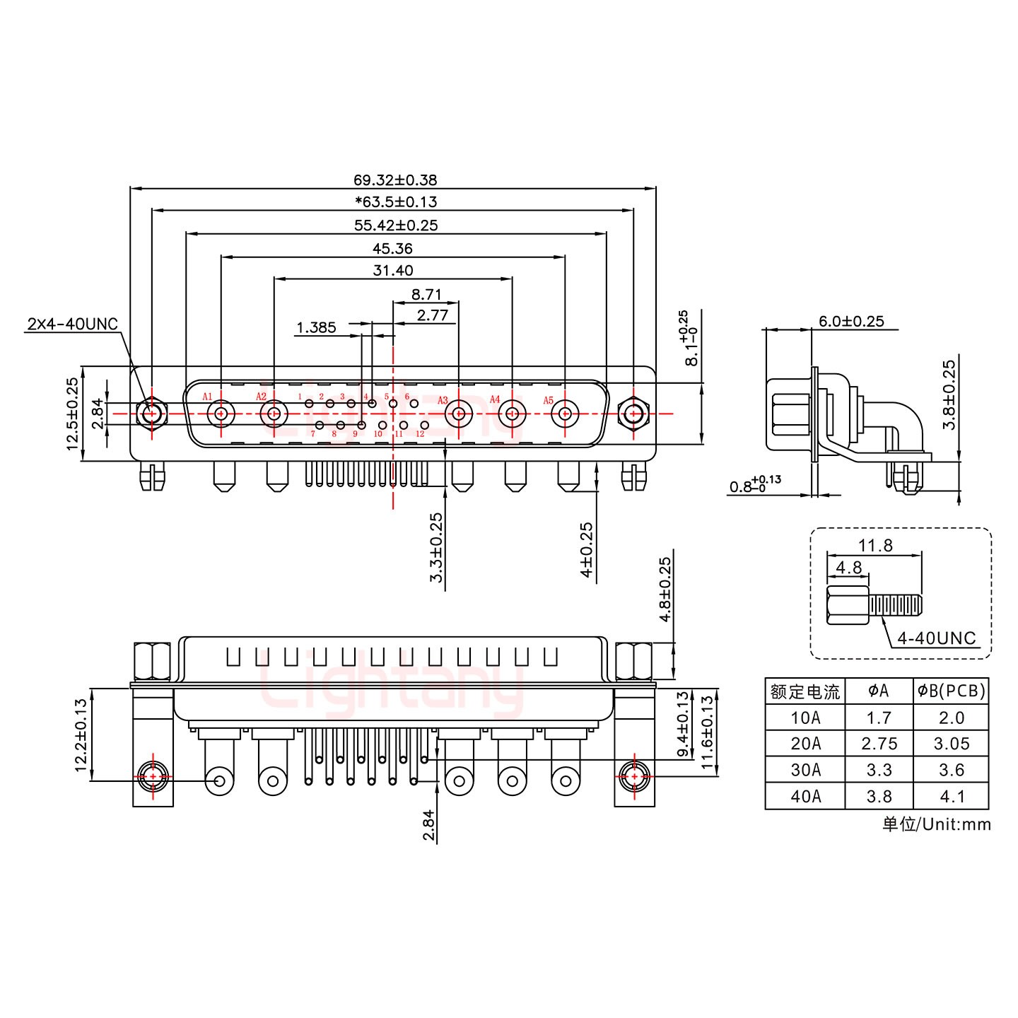 17W5公PCB彎插板/鉚支架11.6/大電流10A