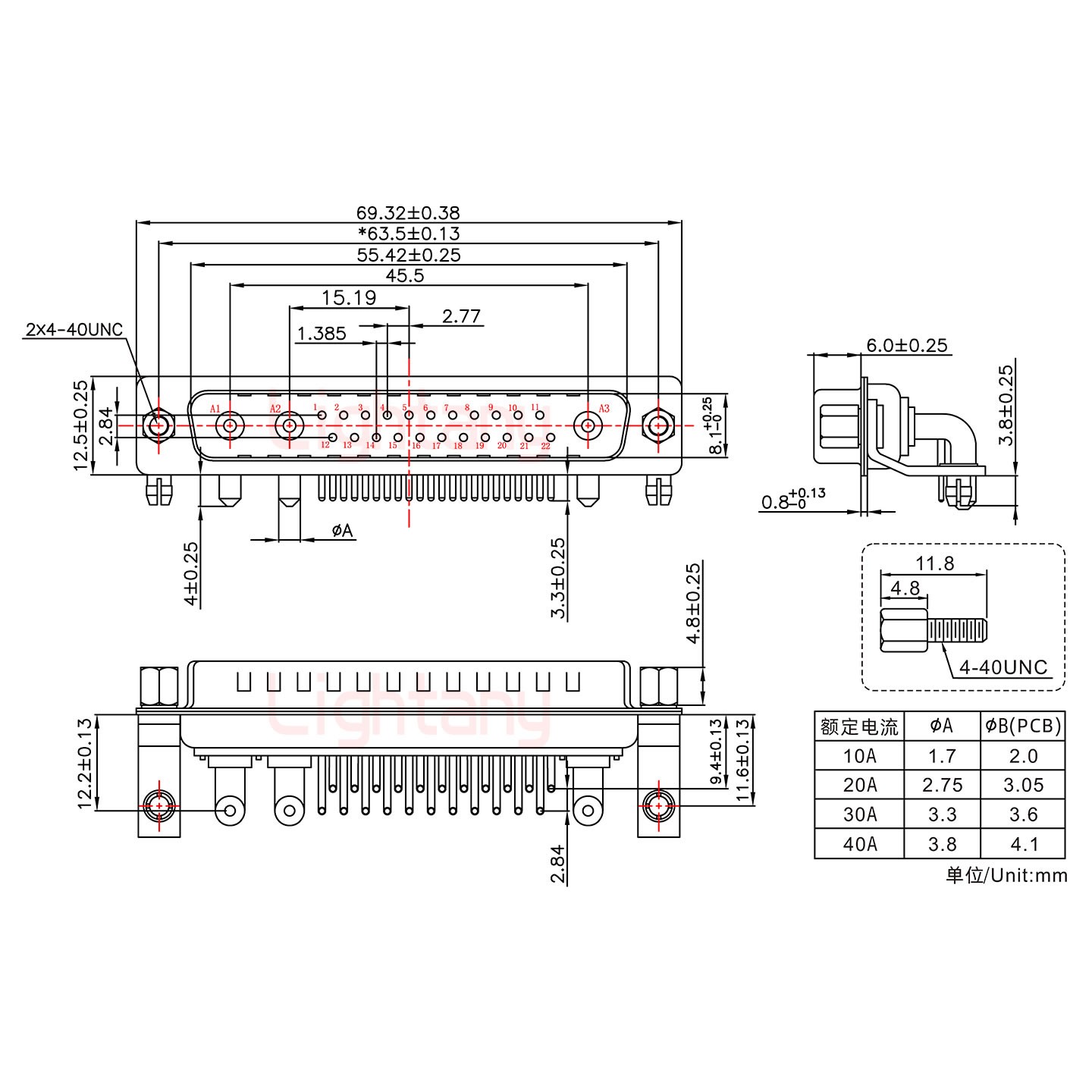 25W3公PCB彎插板/鉚支架11.6/大電流30A