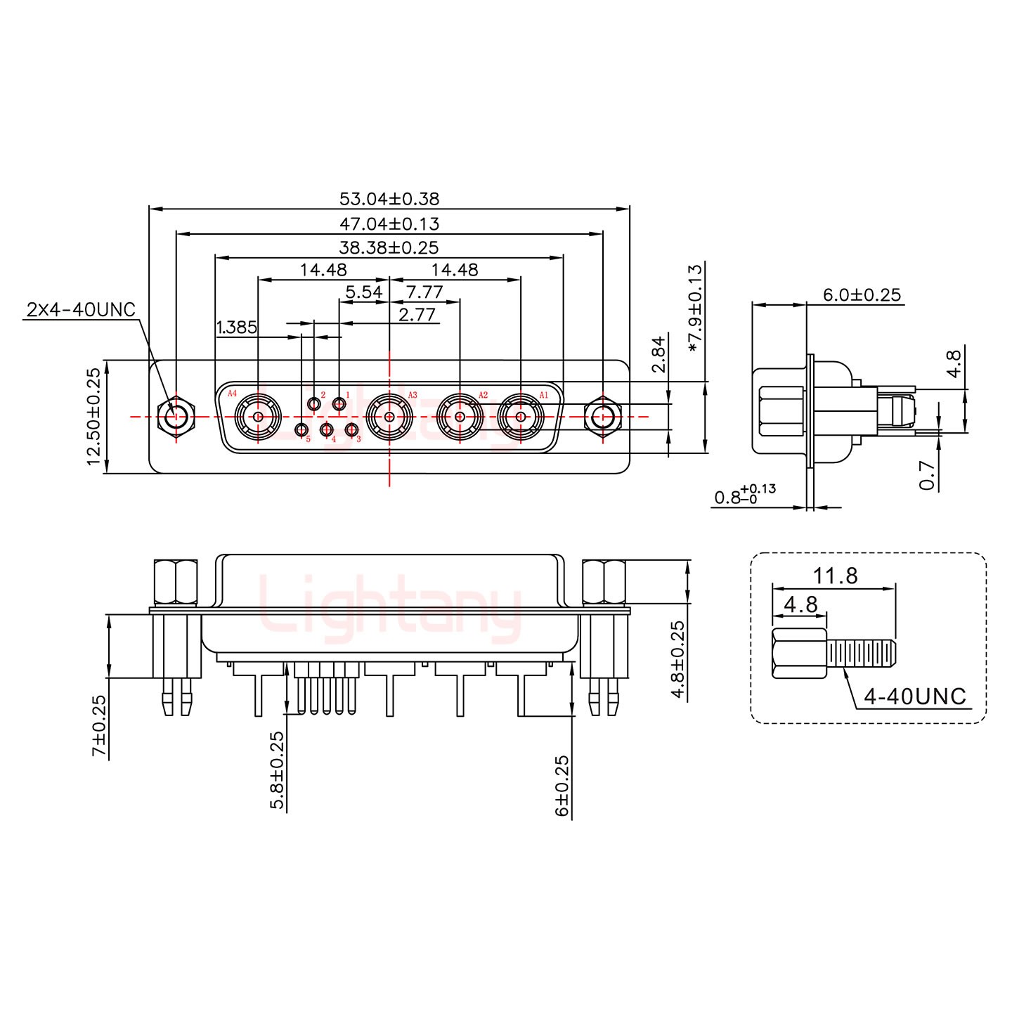 9W4母PCB直插板/鉚魚(yú)叉7.0/射頻同軸75歐姆