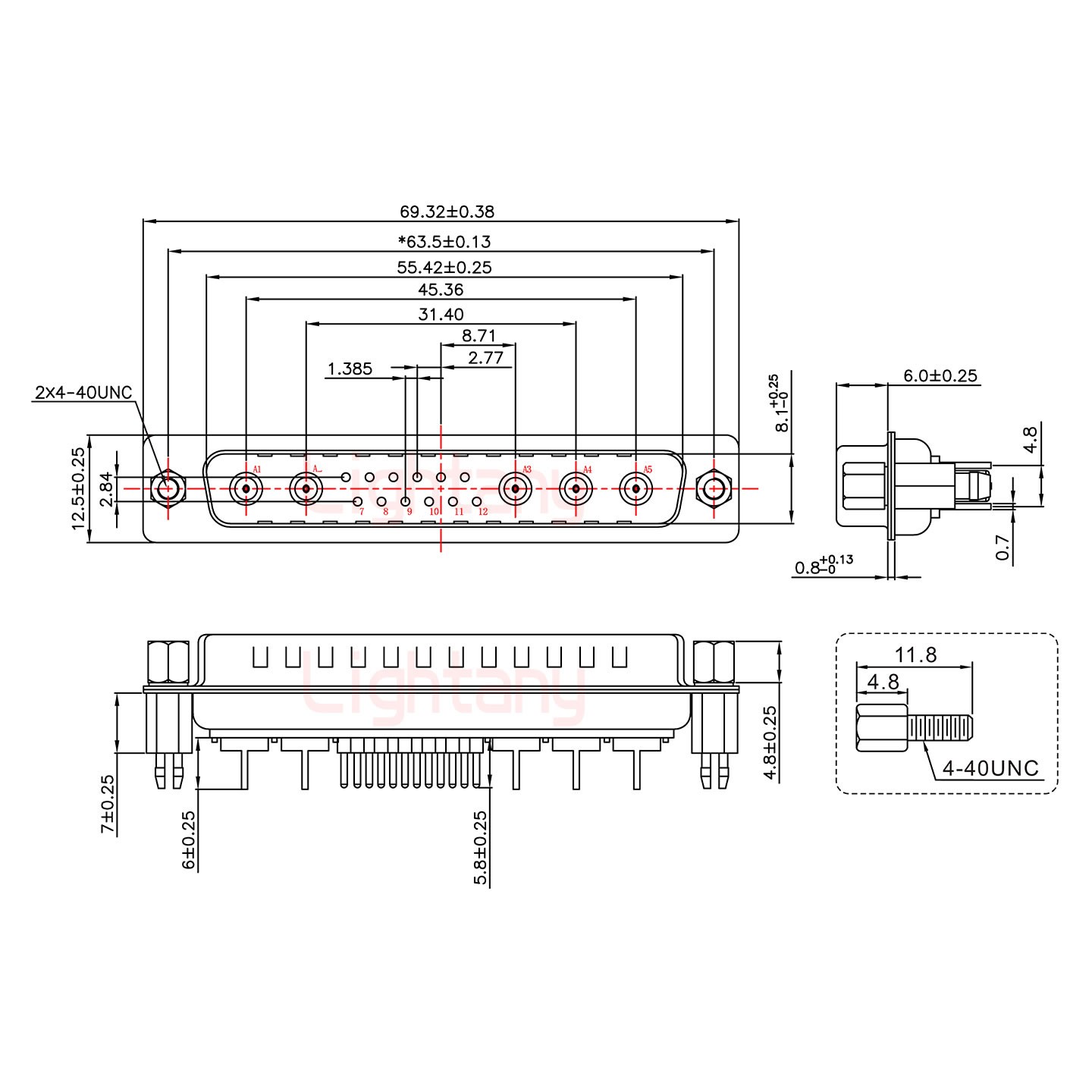 17W5公PCB直插板/鉚魚叉7.0/射頻同軸75歐姆