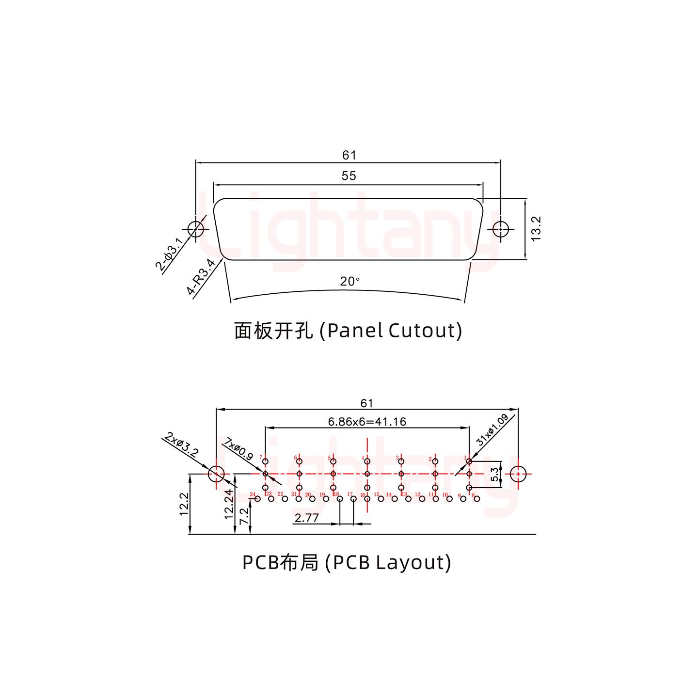 24W7母PCB彎插板/鉚支架12.2/射頻同軸75歐姆