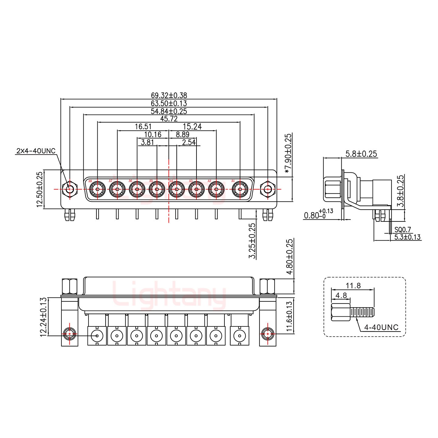 8W8母PCB彎插板/鉚支架11.6/射頻同軸50歐姆