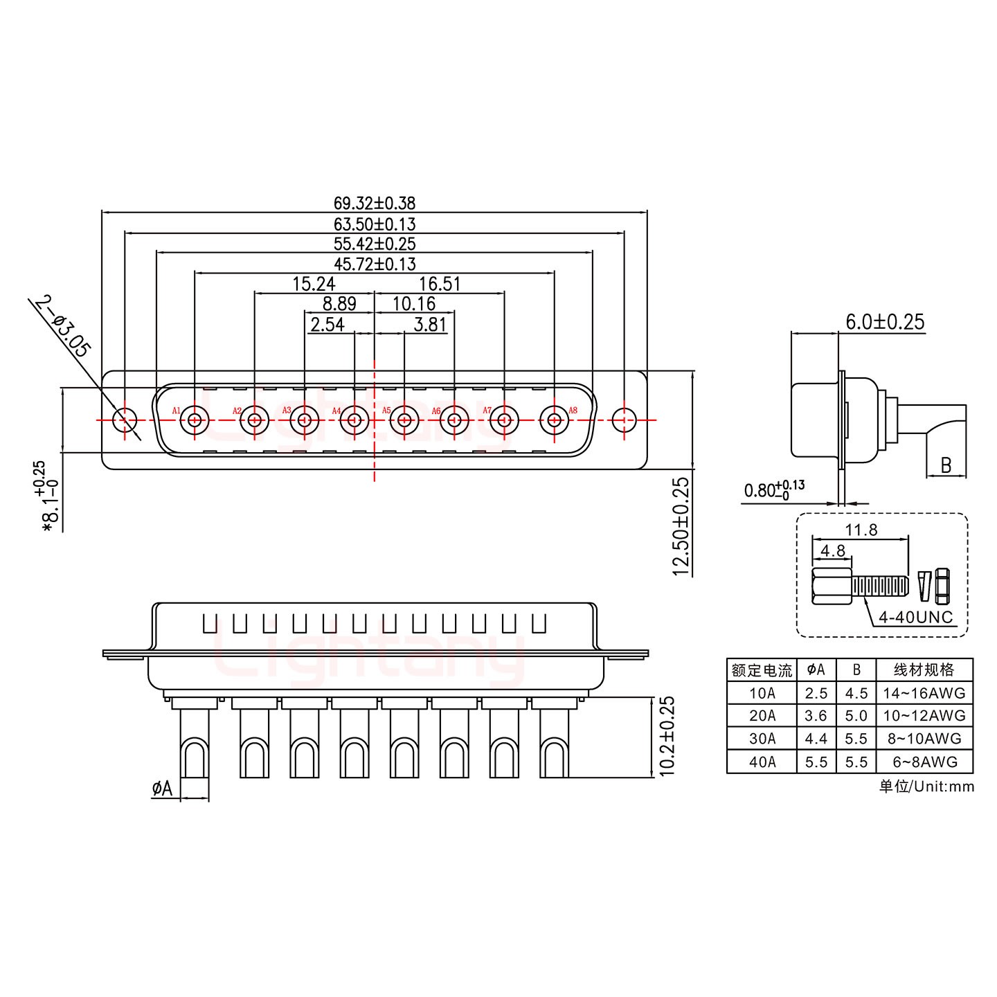 8W8公長體焊線/配螺絲螺母/大電流30A