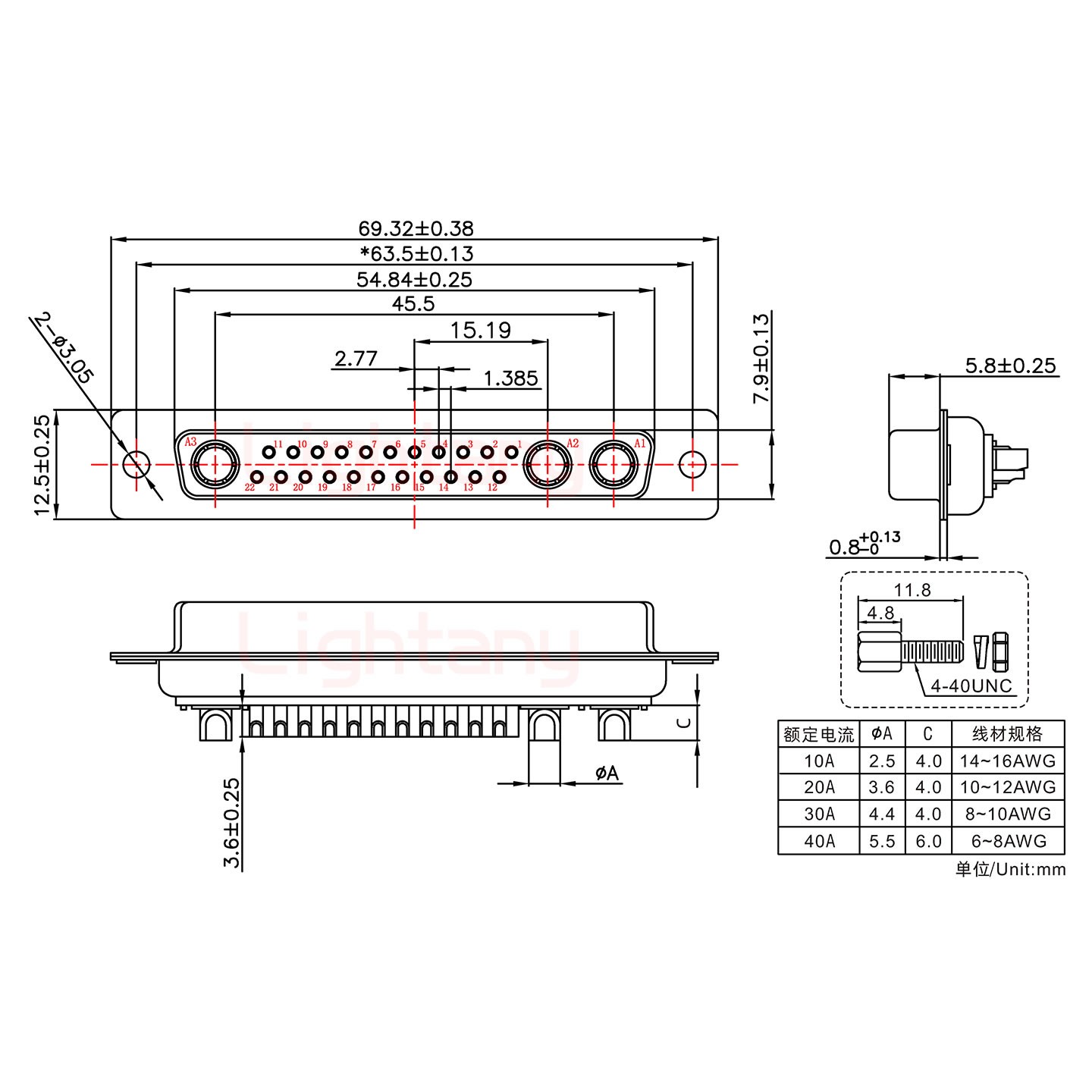 25W3母短體焊線/配螺絲螺母/大電流20A