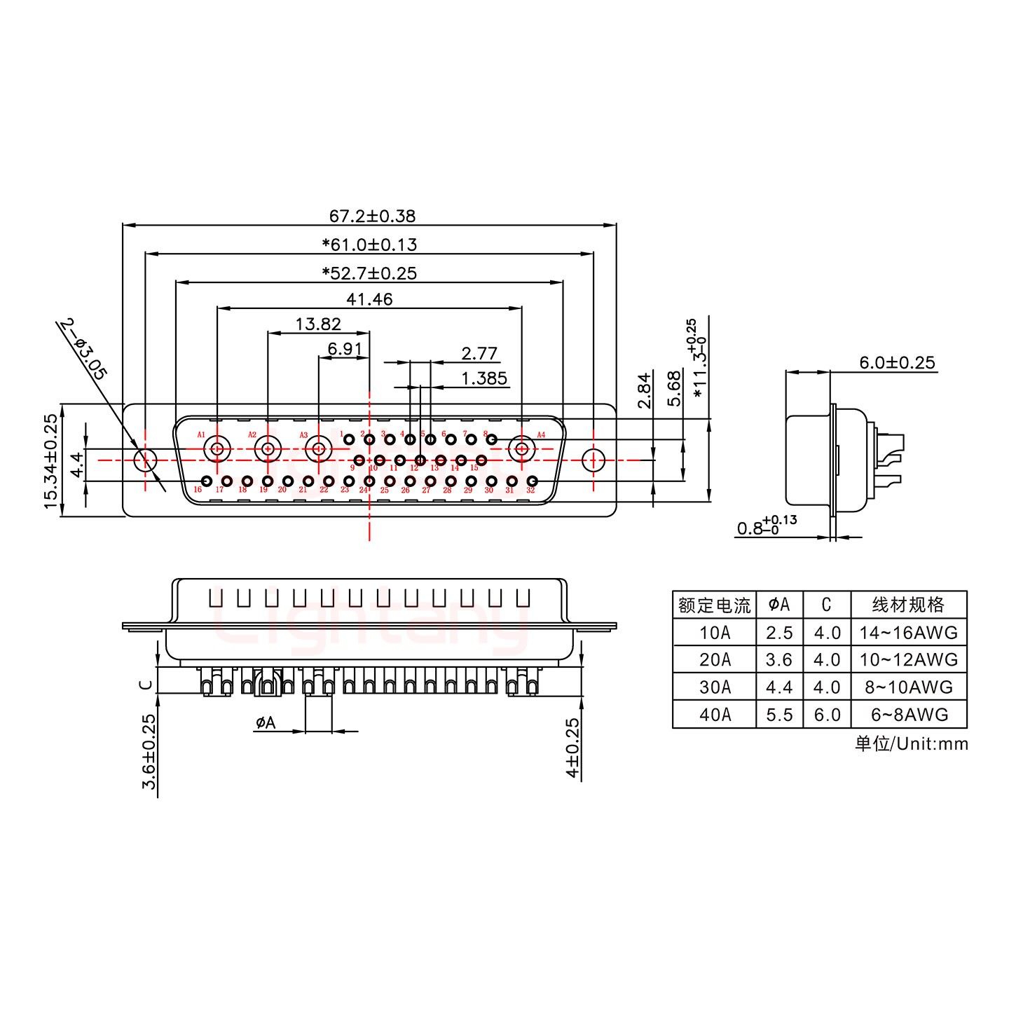 36W4公短體焊線10A+50P金屬外殼2252三個出線孔12mm