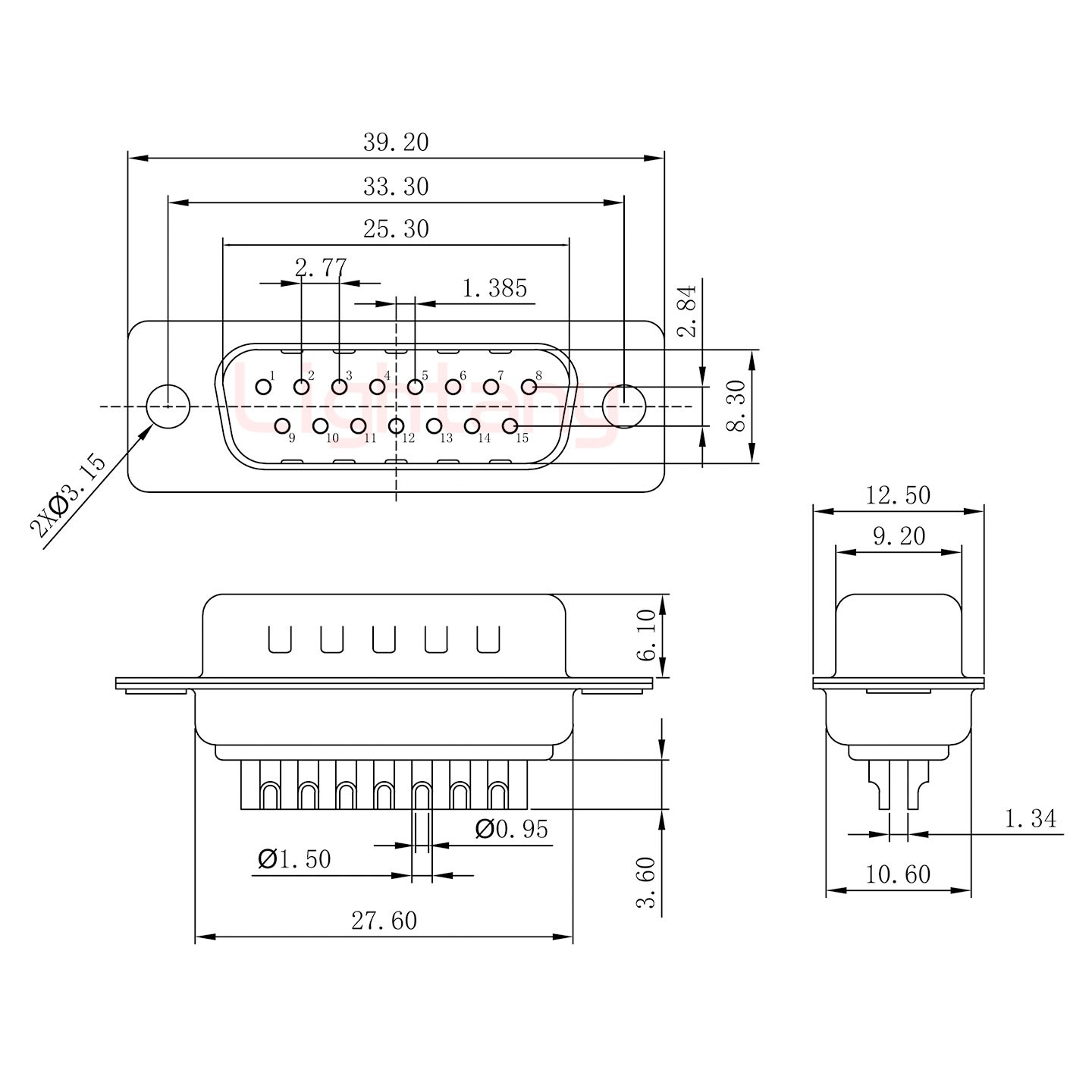 DB15公焊線(xiàn)+金屬外殼1664直出線(xiàn)4~12mm