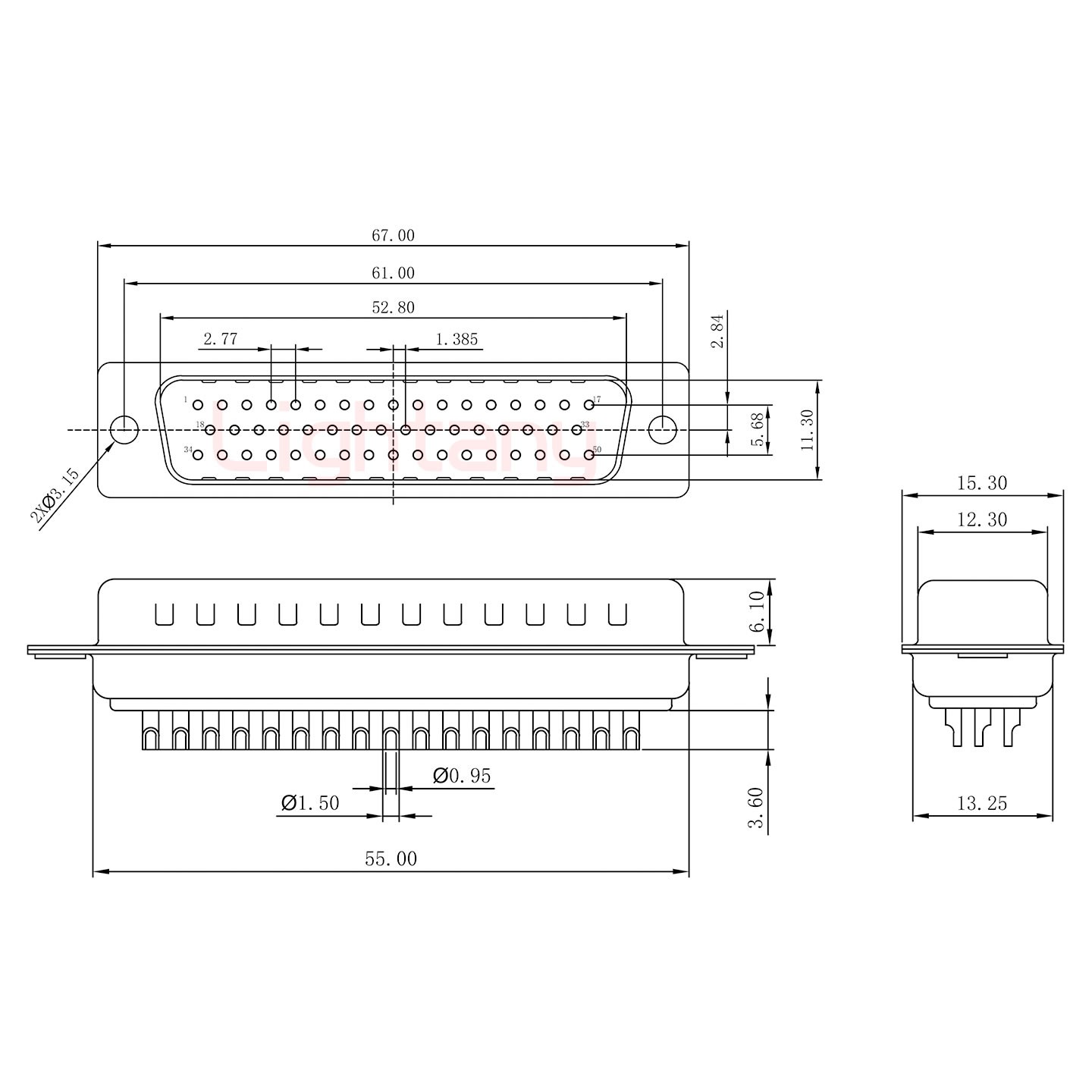 DB50公焊線+金屬外殼2252三個(gè)出線孔12mm