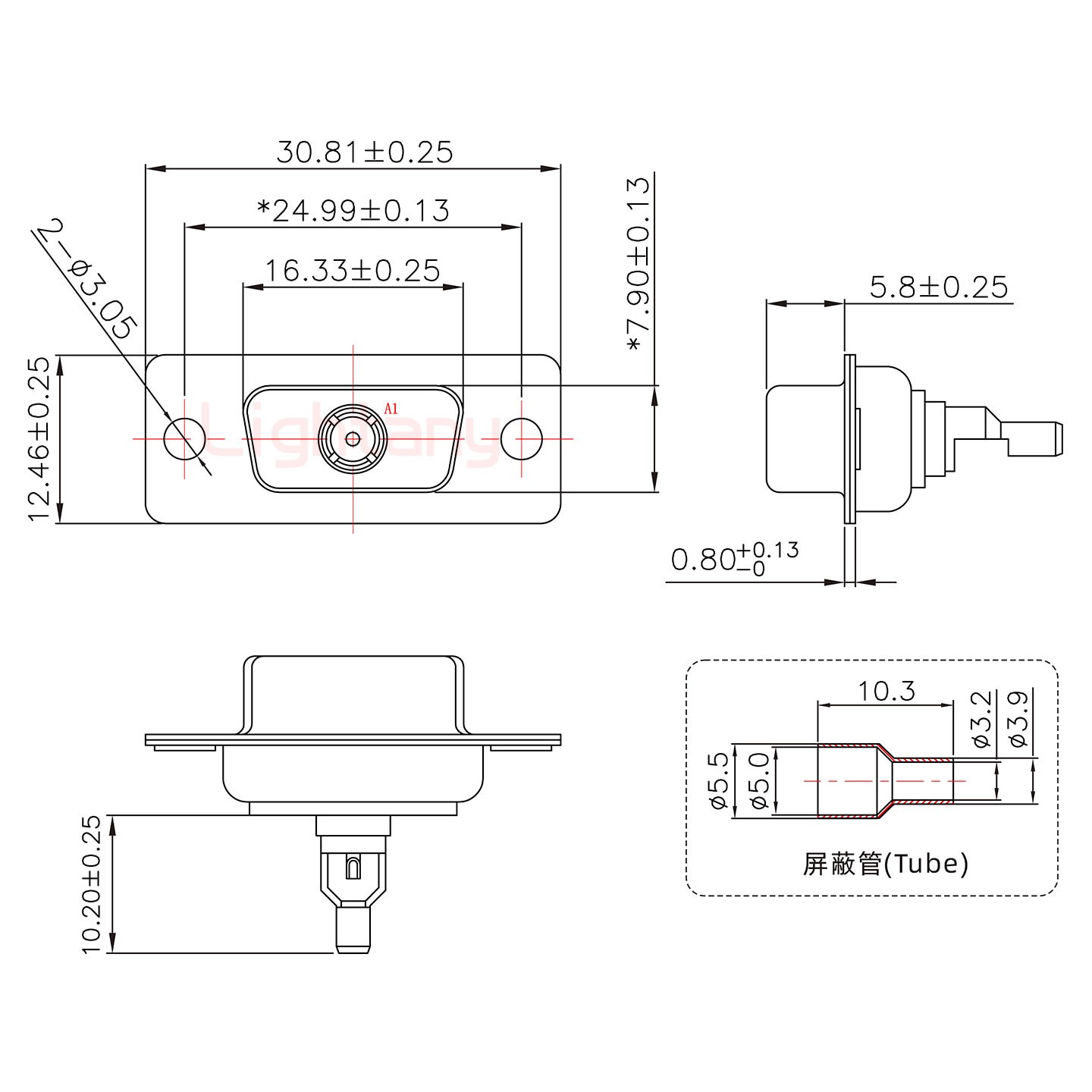 1W1母焊線式50歐姆+9P金屬外殼1707直出線4~12mm