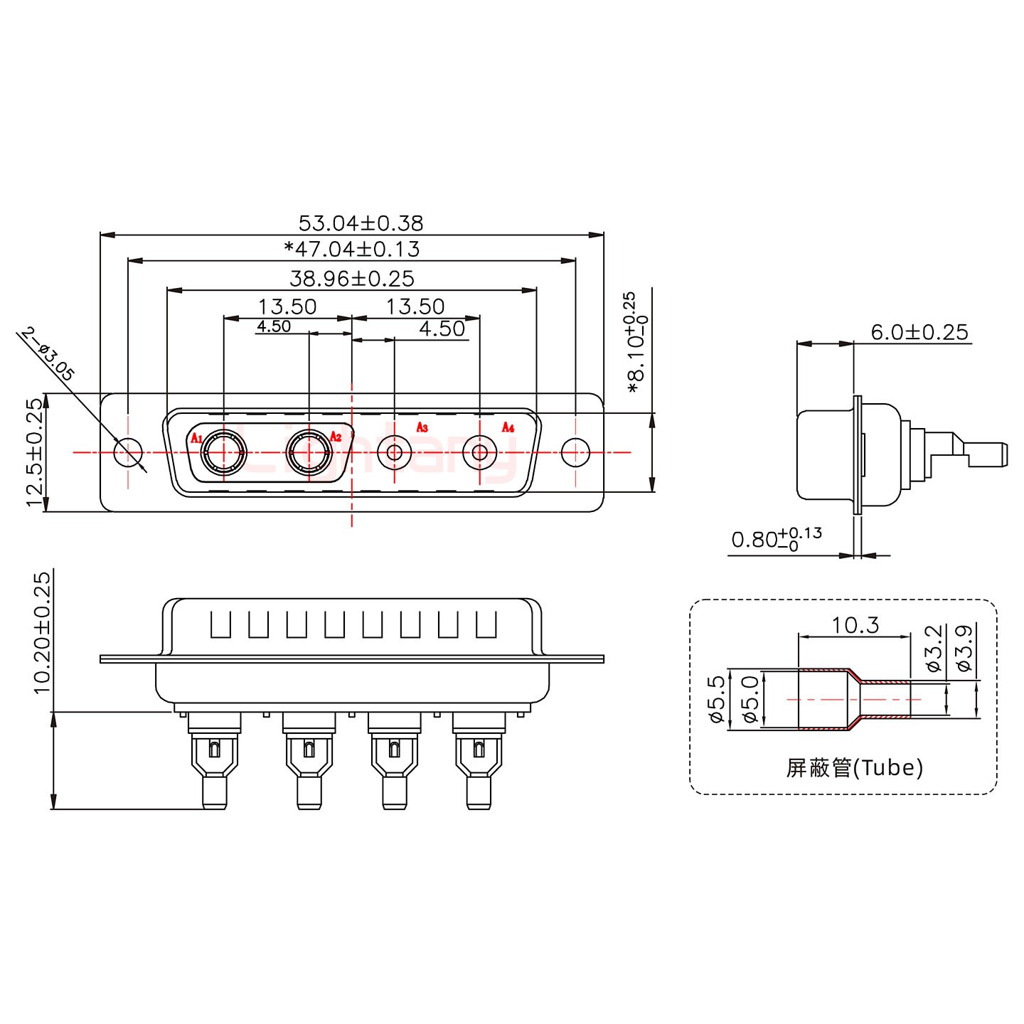 4V4公焊線式50歐姆+25P金屬外殼1015彎出線4~12mm