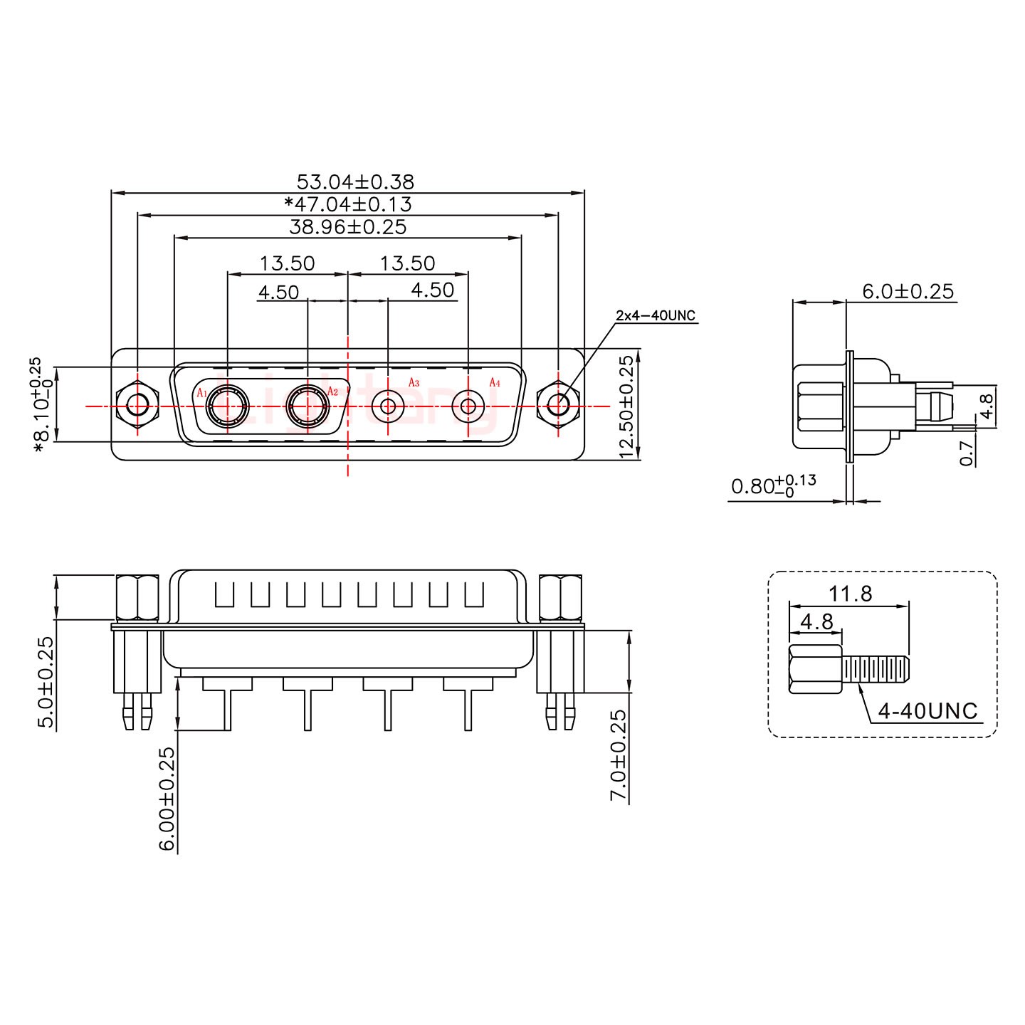 4V4公PCB直插板/鉚魚叉7.0/射頻同軸75歐姆