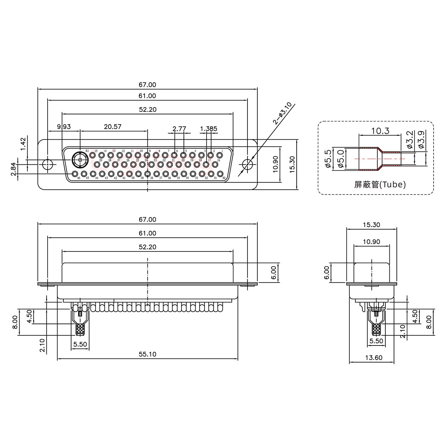 43W2母焊線式75歐姆+50P金屬外殼1331直出線12.5mm