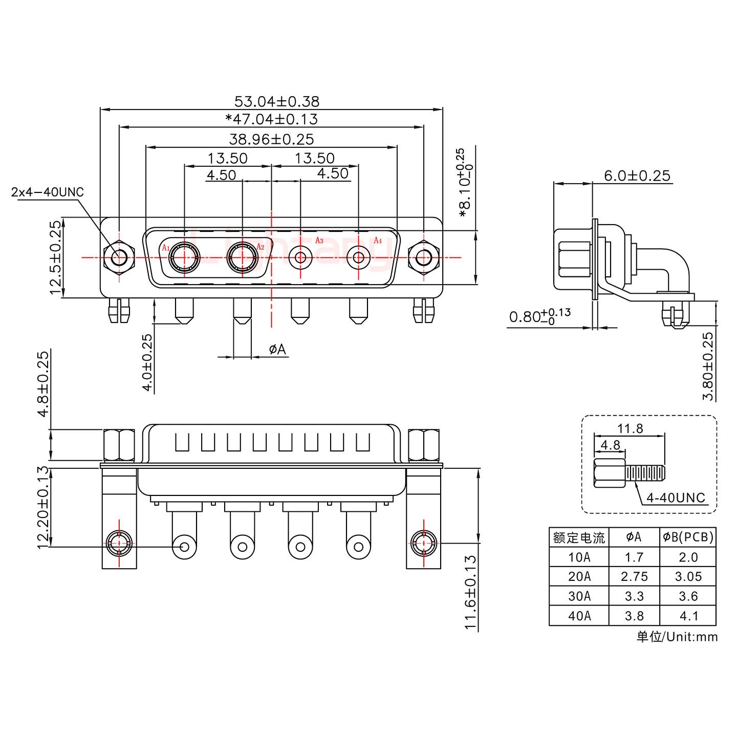 4V4公PCB彎插板/鉚支架11.6/大電流10A