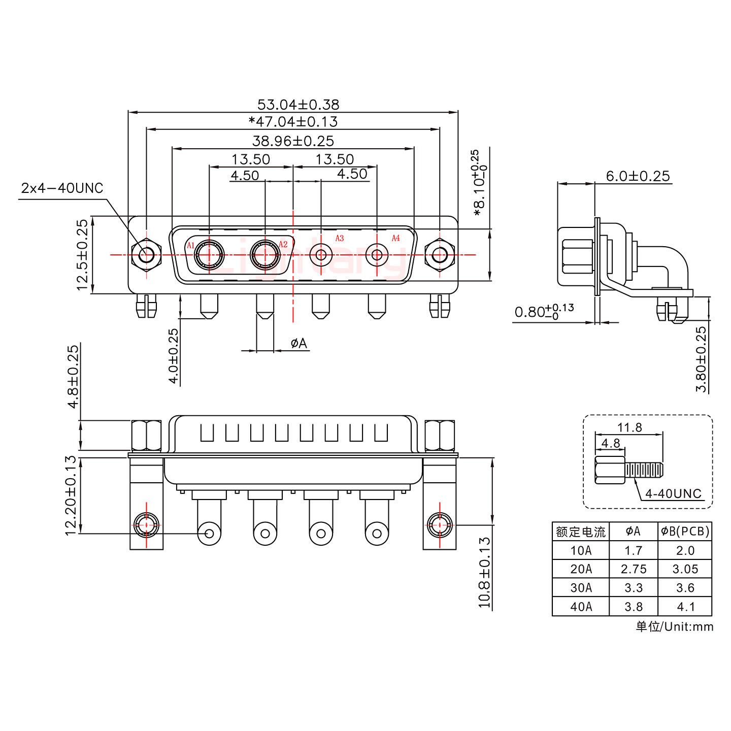 4V4公PCB彎插板/鉚支架10.8/大電流10A