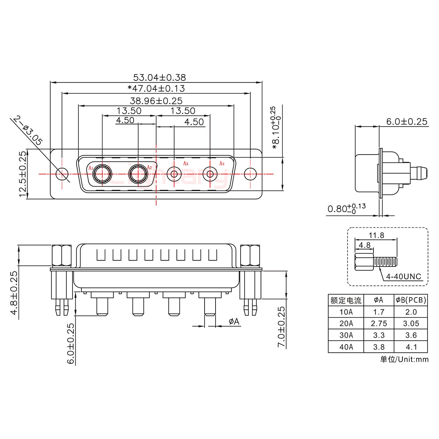 4V4公PCB直插板/鉚支架6.0/大電流30A