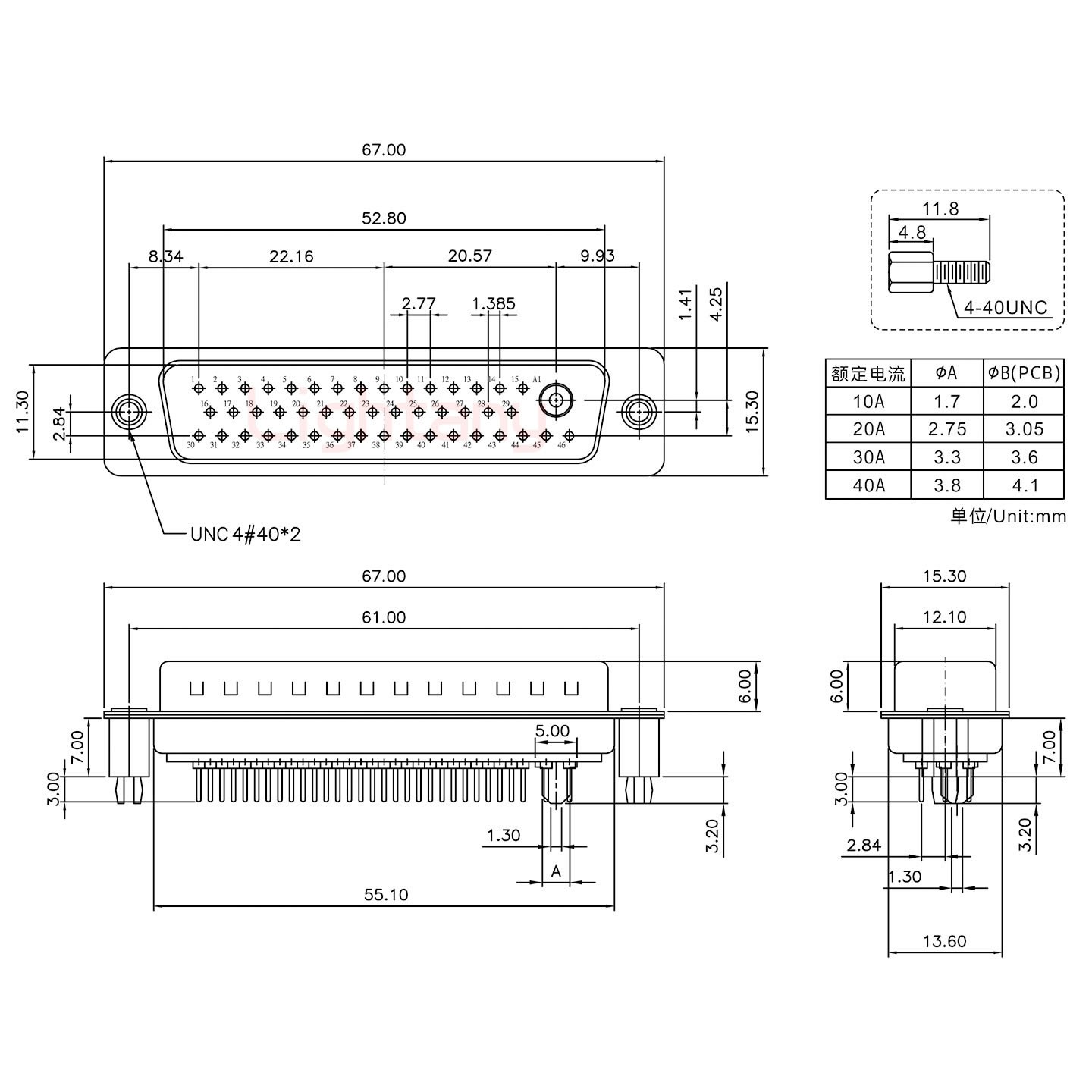 47W1公PCB直插板/鉚魚叉7.0/大電流10A