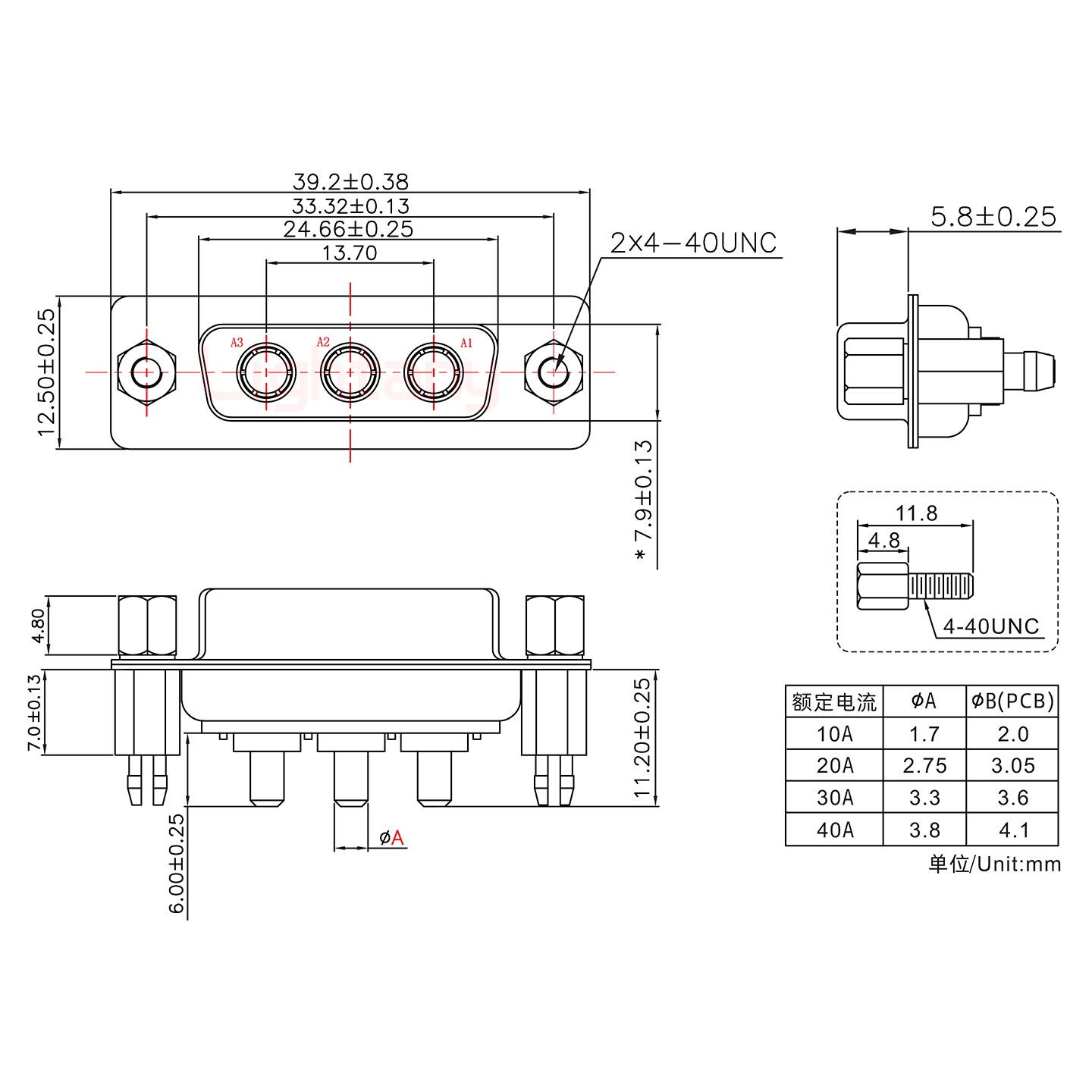 3W3母PCB直插板/鉚魚叉7.0/大電流30A