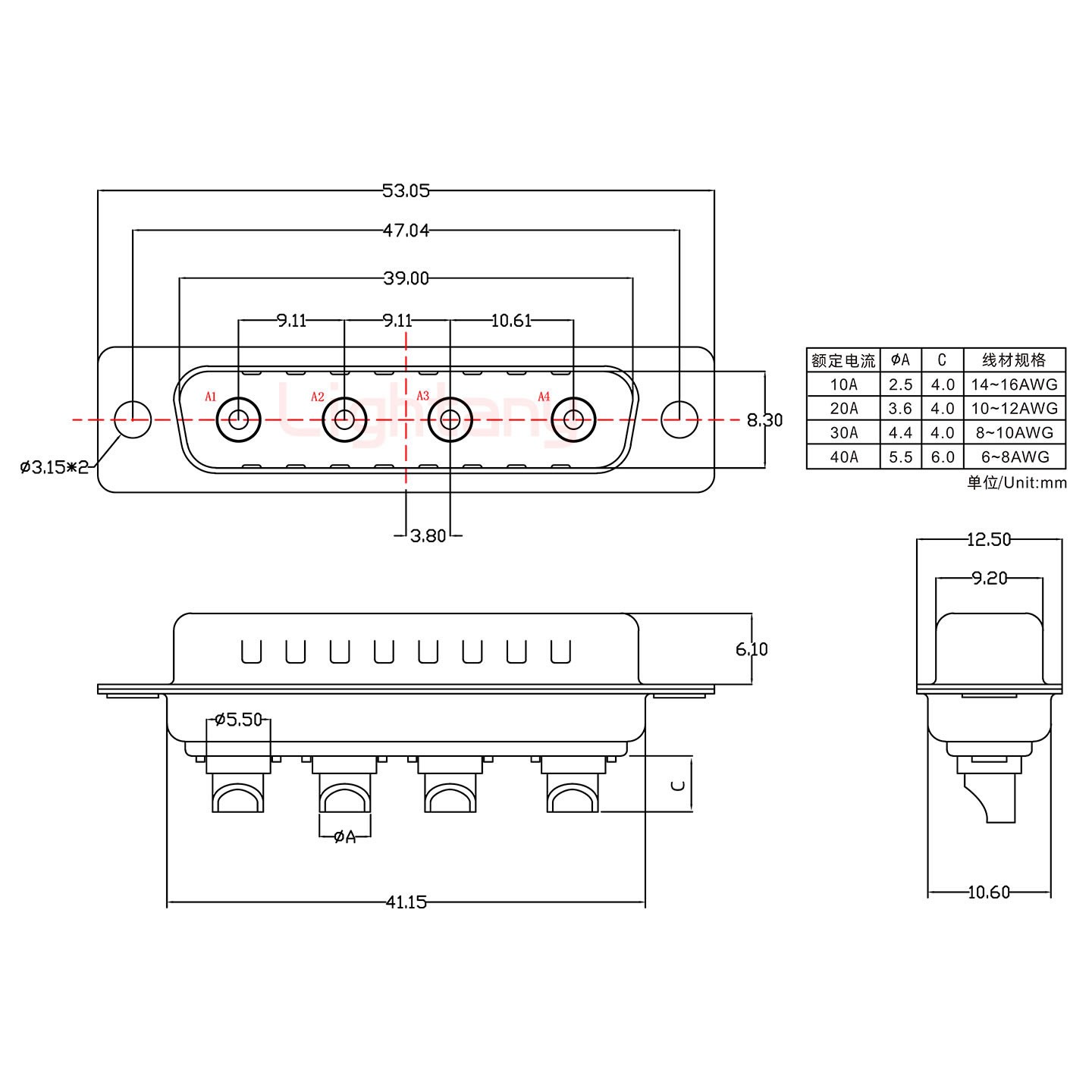 4W4公短體焊線/光孔/大電流20A