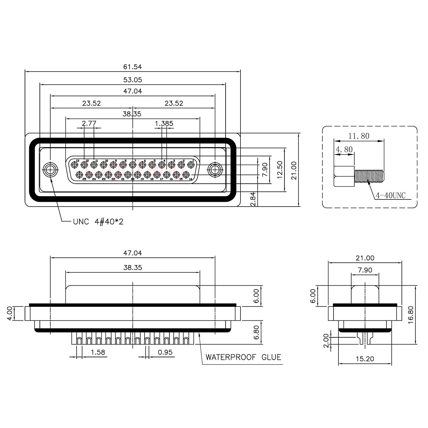 防水DB25 母 焊線(xiàn)式 鎖螺絲 車(chē)針